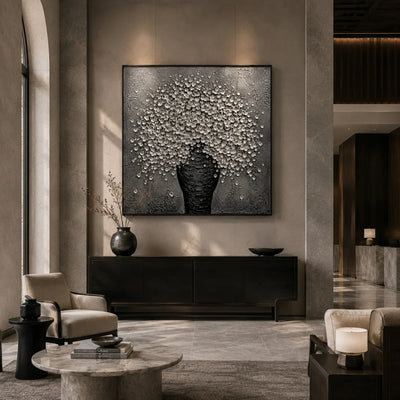 Silver Blossom Vase Wall Art displayed in a bright dining room | Olyrel
