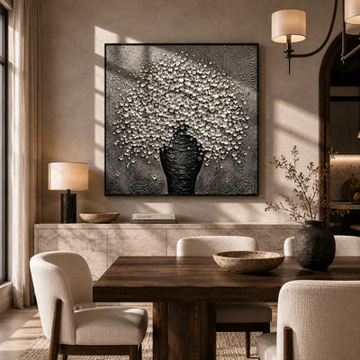 Silver Blossom Vase Wall Art shown in a quiet home office | Olyrel