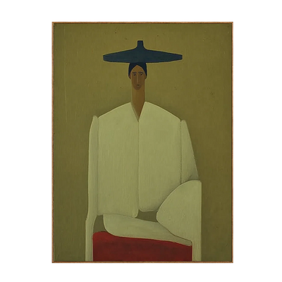 Seated Figure in Cream with a Wide Blue Hat Wall Art | Olyrel