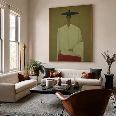 Seated Figure in Cream with a Wide Blue Hat Wall Art styled interior scene 1 | Olyrel