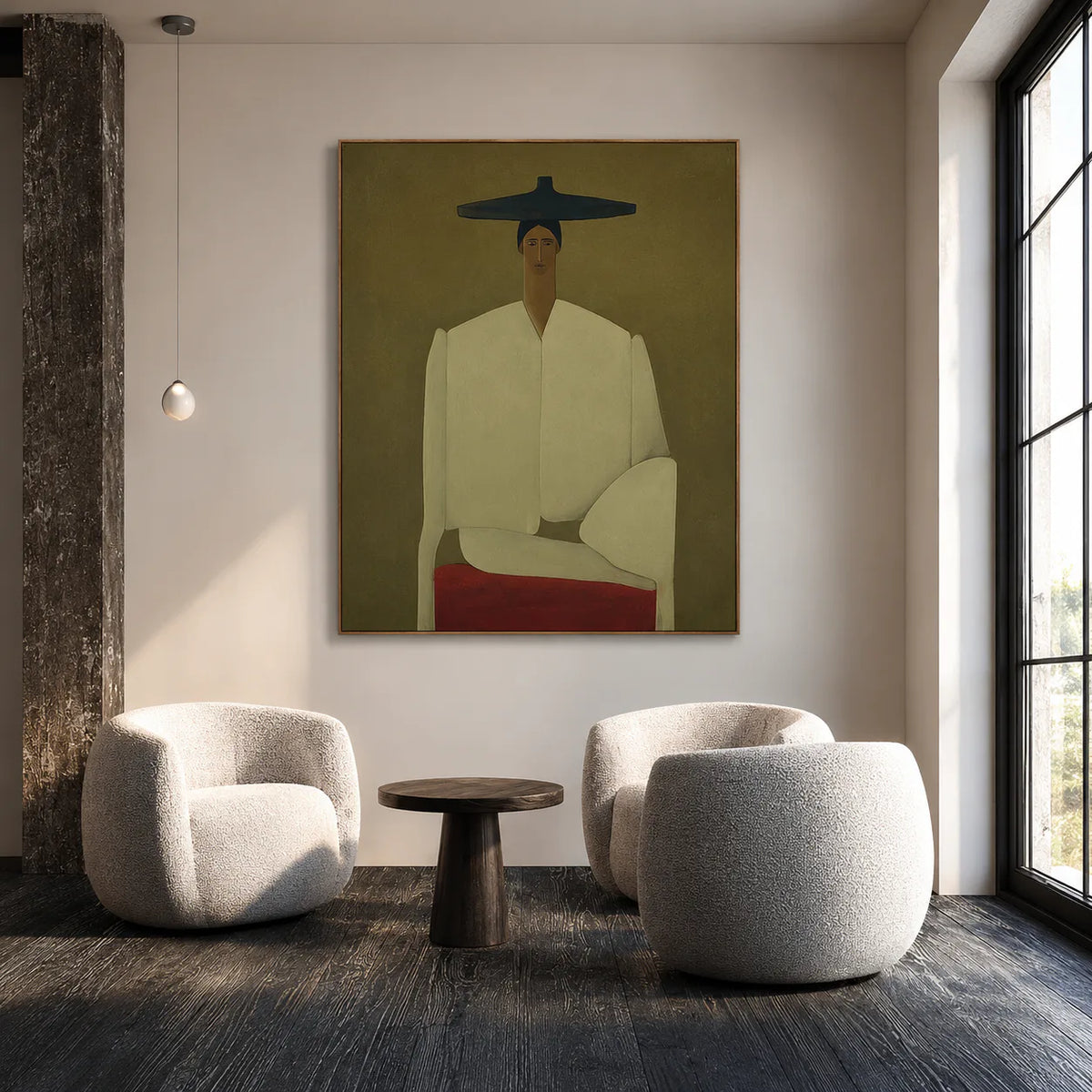 Seated Figure in Cream with a Wide Blue Hat Wall Art styled interior scene 2 | Olyrel