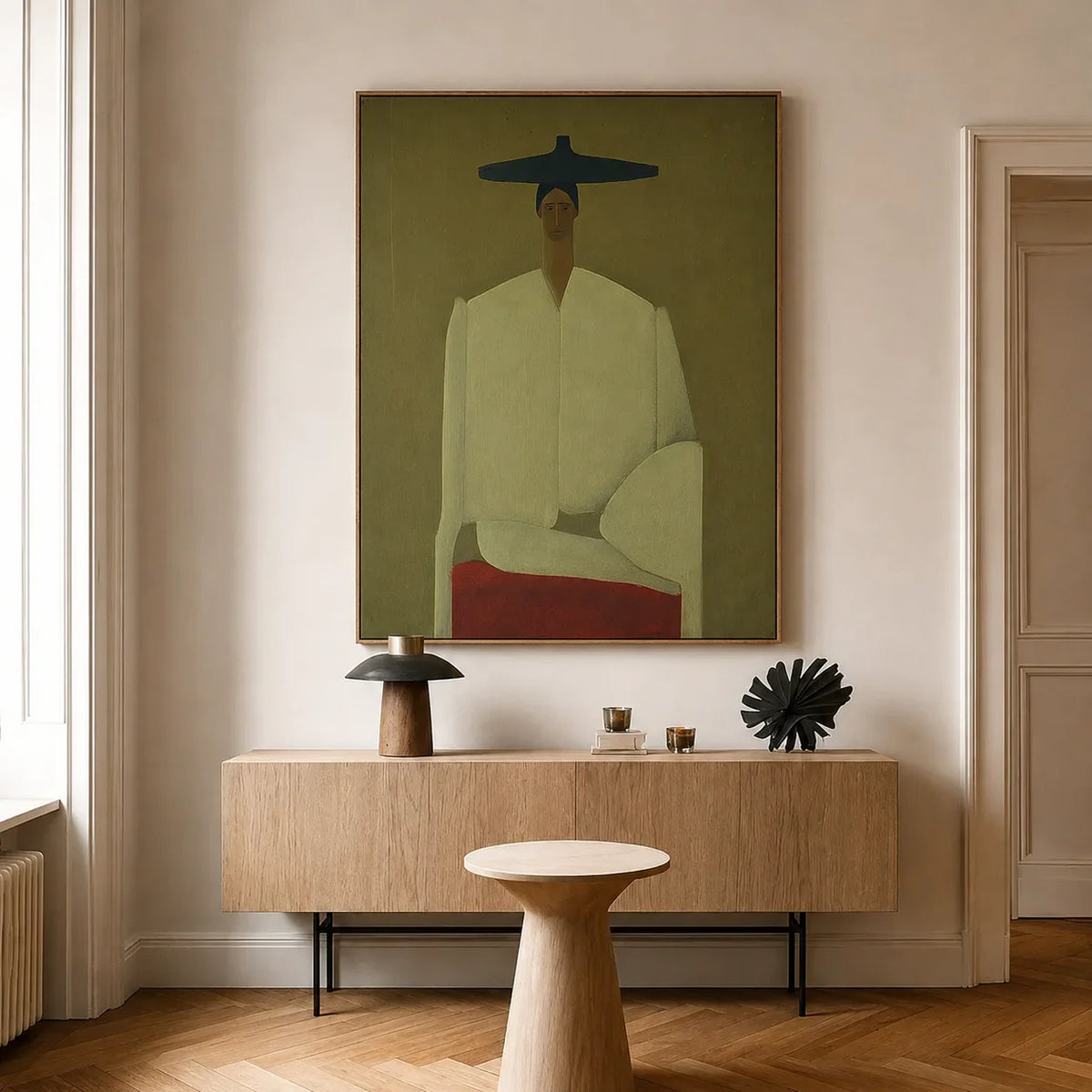 Seated Figure in Cream with a Wide Blue Hat Wall Art styled interior scene 3 | Olyrel