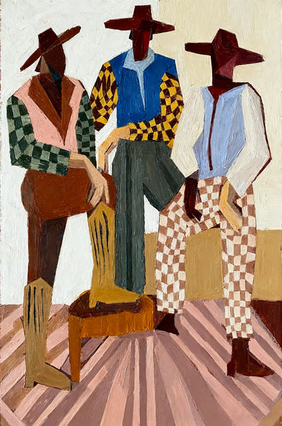 Three Hat-Wearing Figures in Colorful Checks Wall Art artwork view | Olyrel