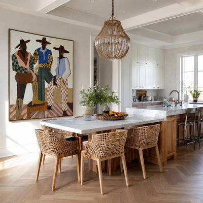 Three Hat-Wearing Figures in Colorful Checks Wall Art styled interior scene 1 | Olyrel