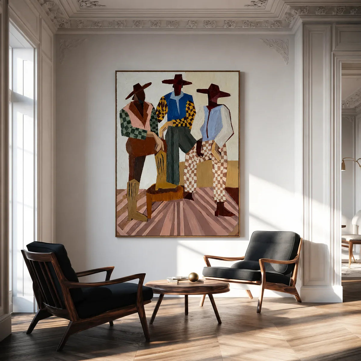 Three Hat-Wearing Figures in Colorful Checks Wall Art styled interior scene 2 | Olyrel