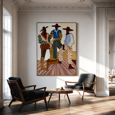 Three Hat-Wearing Figures in Colorful Checks Wall Art styled interior scene 2 | Olyrel