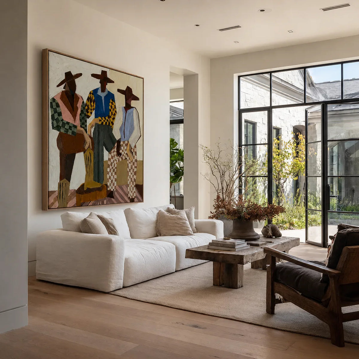 Three Hat-Wearing Figures in Colorful Checks Wall Art styled interior scene 3 | Olyrel