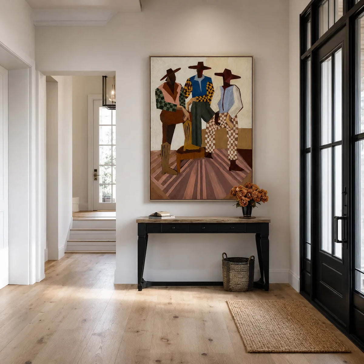 Three Hat-Wearing Figures in Colorful Checks Wall Art styled interior scene 4 | Olyrel