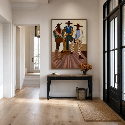Three Hat-Wearing Figures in Colorful Checks Wall Art styled interior scene 4 | Olyrel