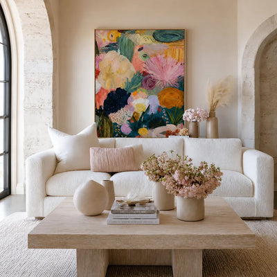 Pink Fan Flowers and Golden Blooms Wall Art styled interior scene 2 | Olyrel