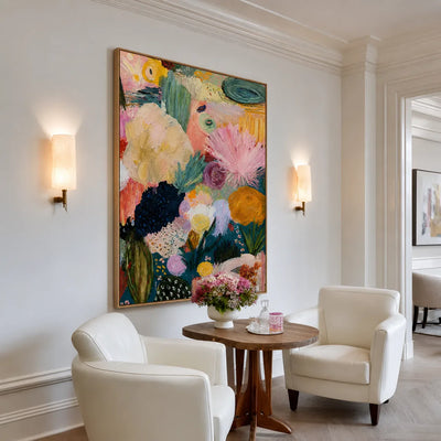 Pink Fan Flowers and Golden Blooms Wall Art styled interior scene 3 | Olyrel