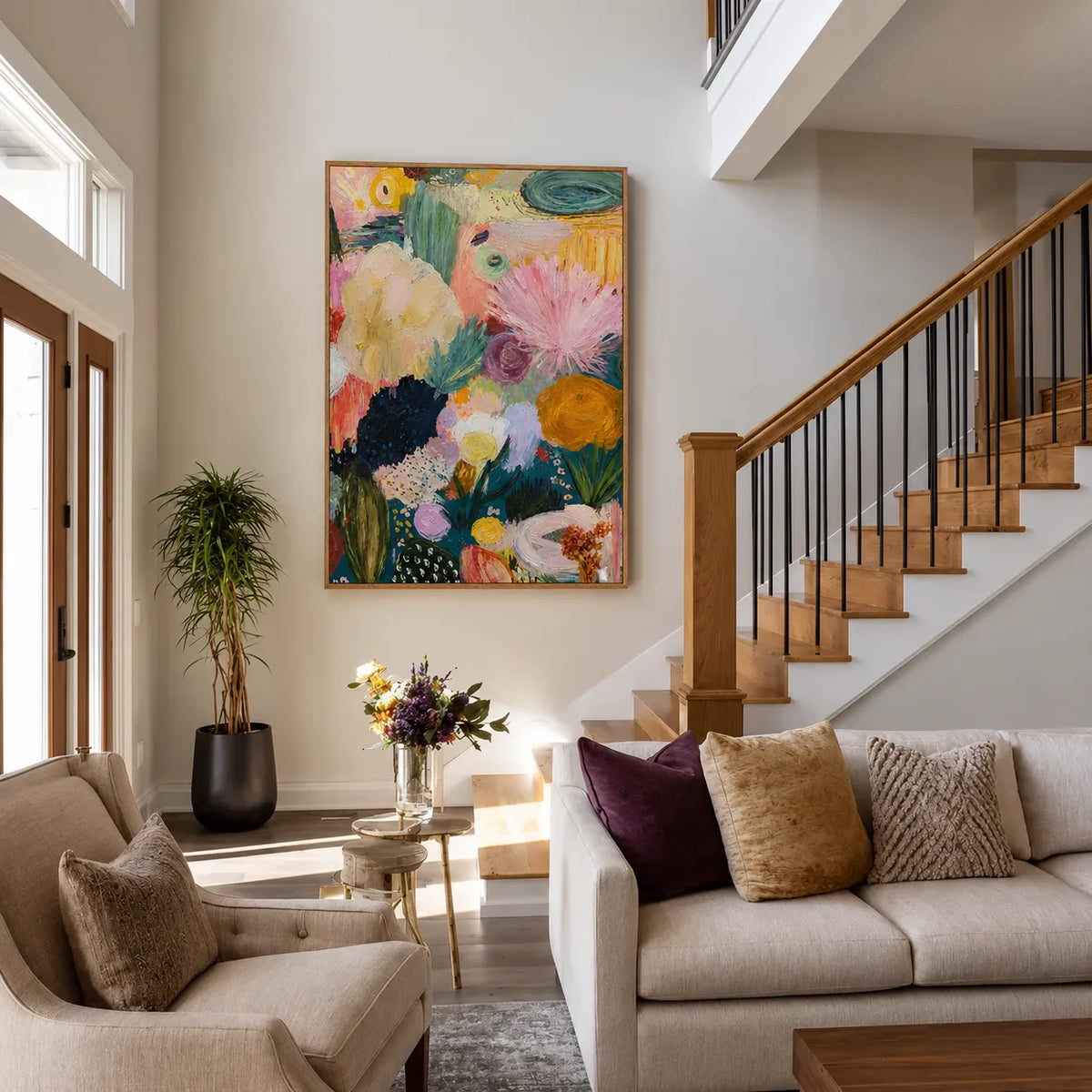 Pink Fan Flowers and Golden Blooms Wall Art styled interior scene 4 | Olyrel