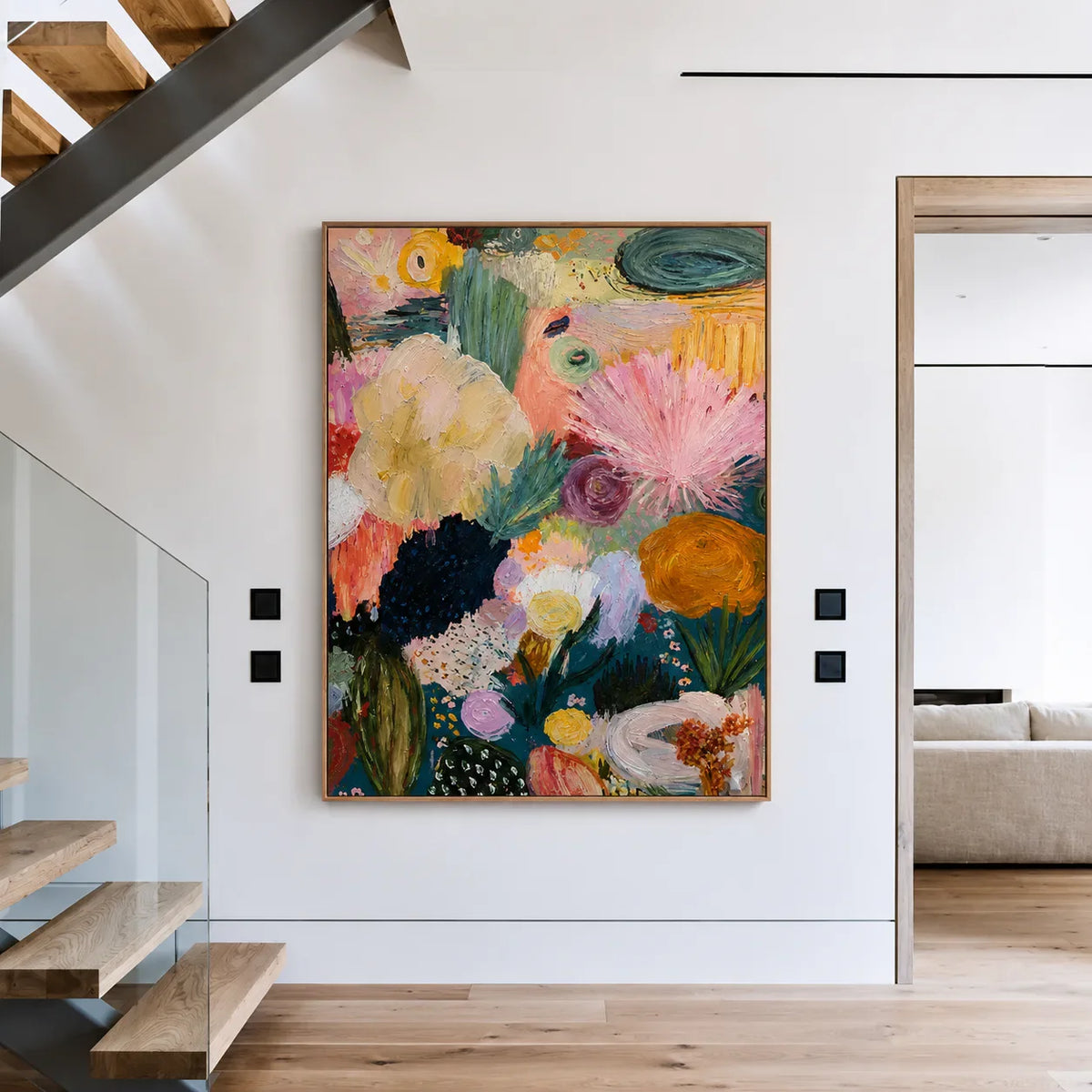 Pink Fan Flowers and Golden Blooms Wall Art styled interior scene 5 | Olyrel