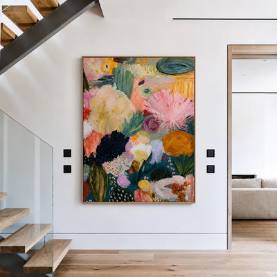 Pink Fan Flowers and Golden Blooms Wall Art styled interior scene 5 | Olyrel