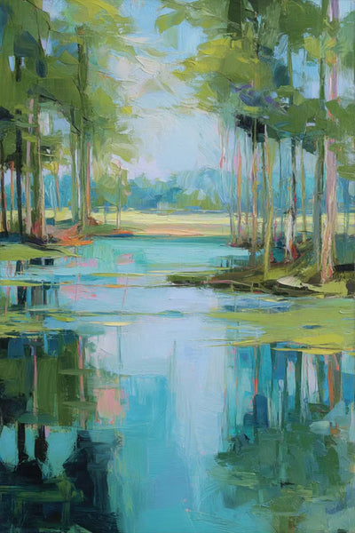 Turquoise Pond beneath Green Trees Wall Art artwork view | Olyrel