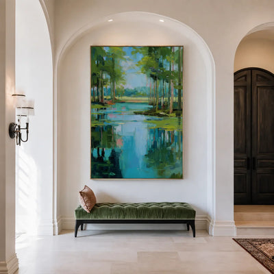 Turquoise Pond beneath Green Trees Wall Art styled interior scene 3 | Olyrel