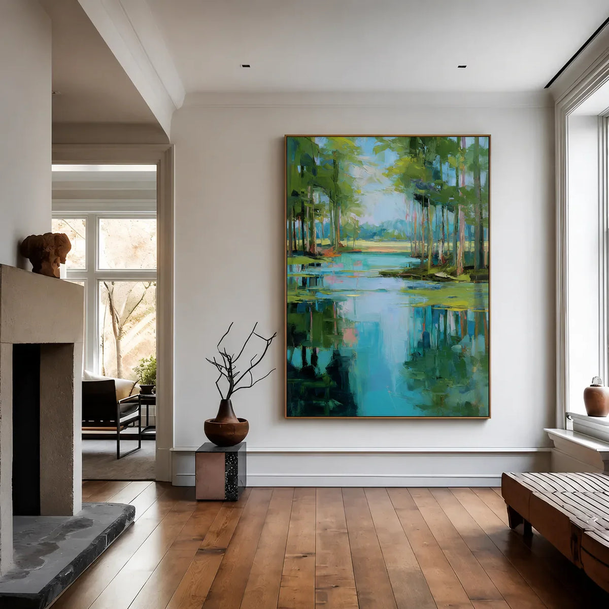 Turquoise Pond beneath Green Trees Wall Art styled interior scene 5 | Olyrel