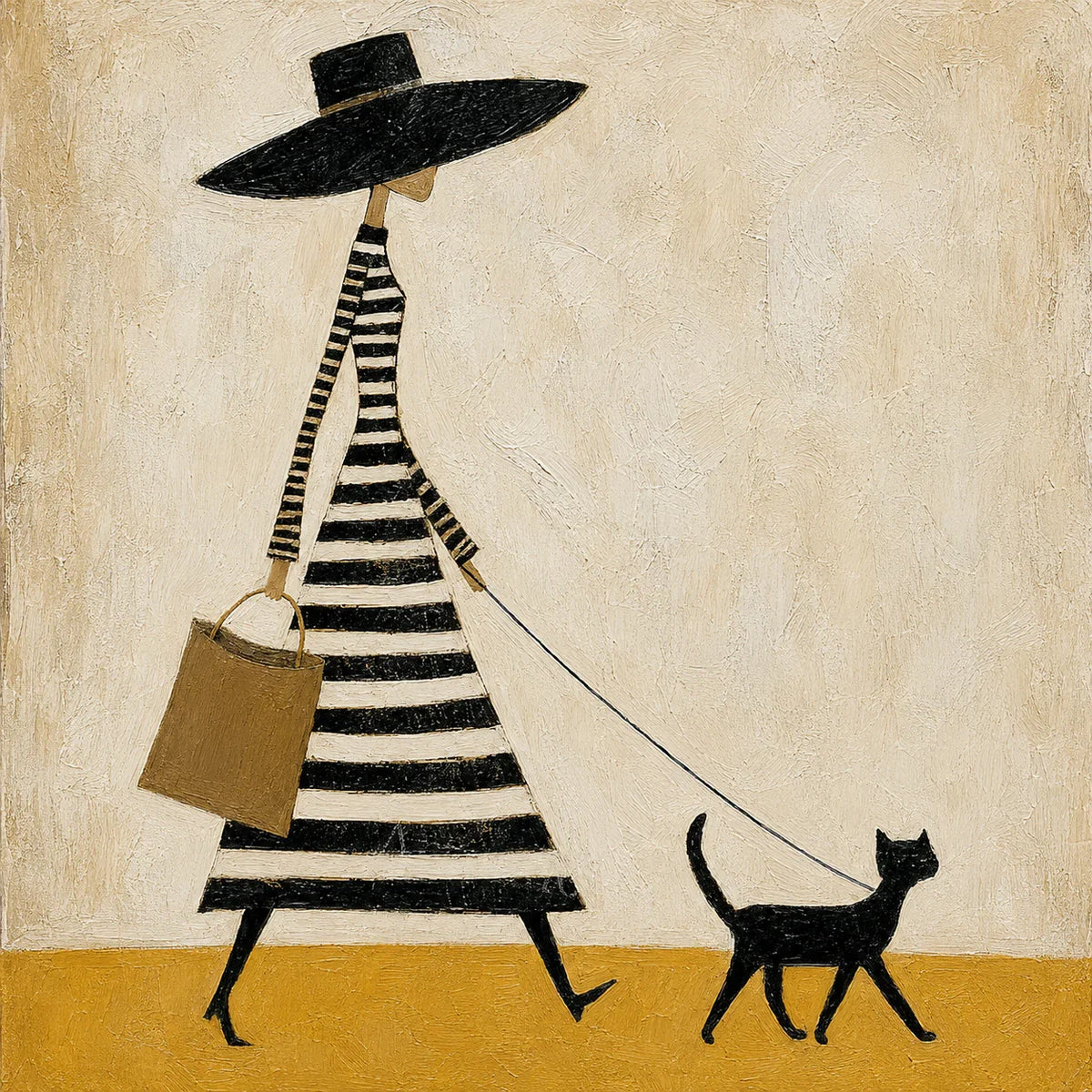 Striped Dress and Black Cat Stroll Wall Art artwork view | Olyrel