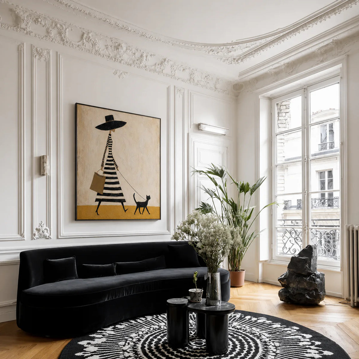 Striped Dress and Black Cat Stroll Wall Art styled interior scene 2 | Olyrel