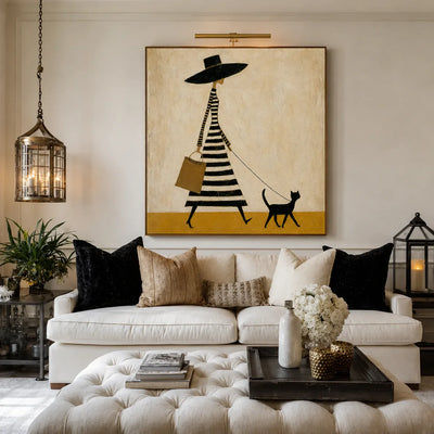Striped Dress and Black Cat Stroll Wall Art styled interior scene 4 | Olyrel