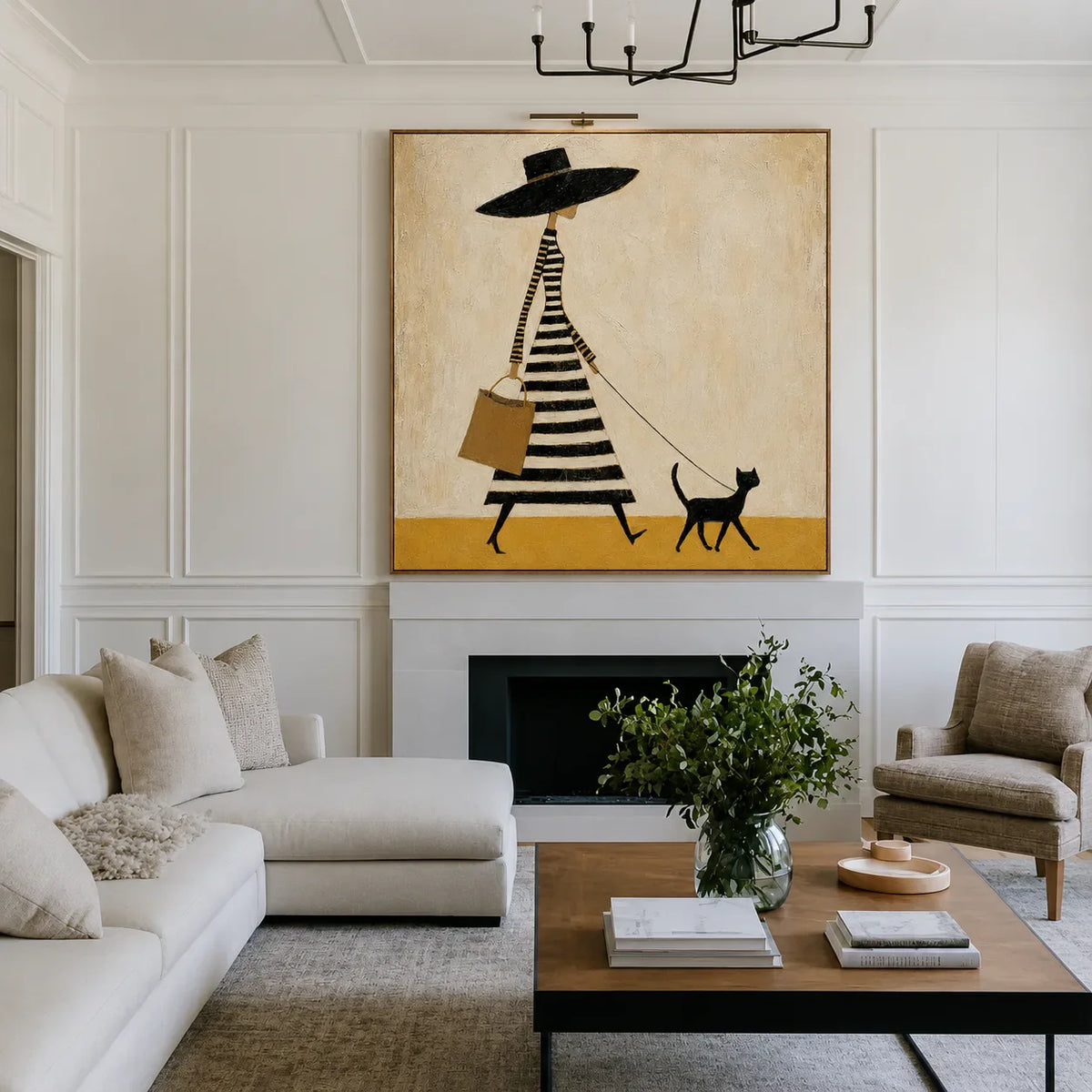 Striped Dress and Black Cat Stroll Wall Art styled interior scene 5 | Olyrel