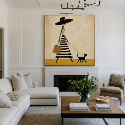 Striped Dress and Black Cat Stroll Wall Art styled interior scene 5 | Olyrel