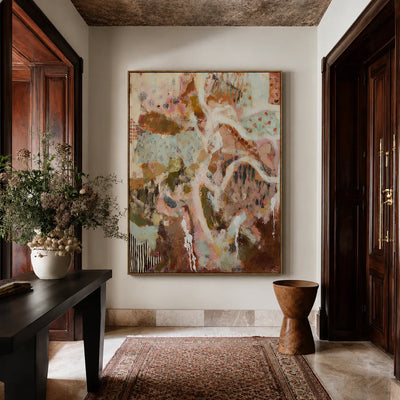 Winding Ivory Lines over Blush and Earth Abstract Wall Art styled interior scene 2 | Olyrel