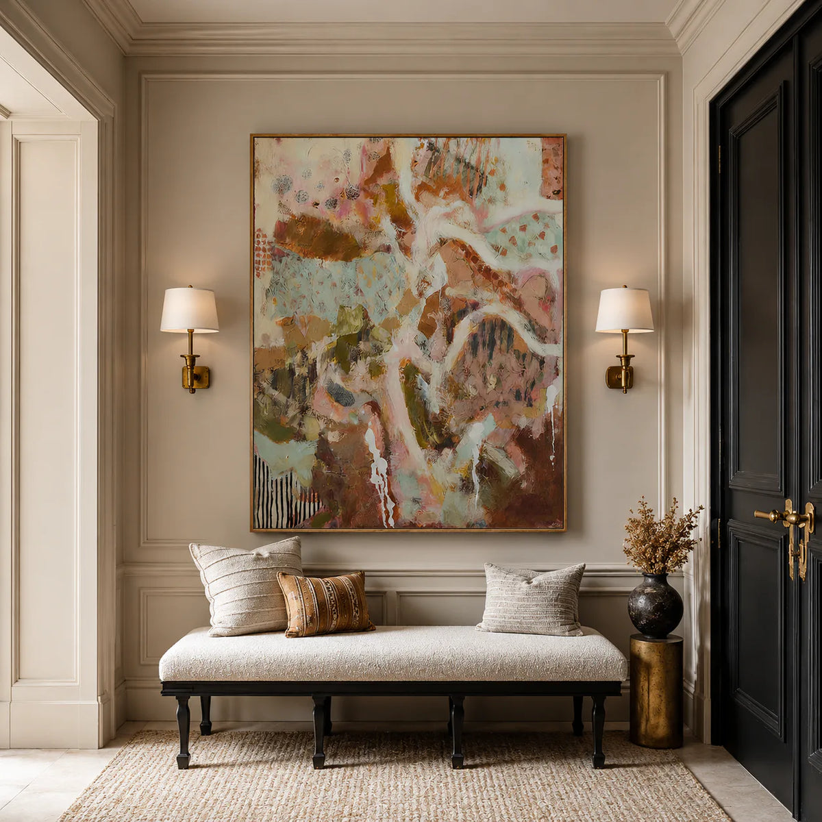 Winding Ivory Lines over Blush and Earth Abstract Wall Art styled interior scene 3 | Olyrel