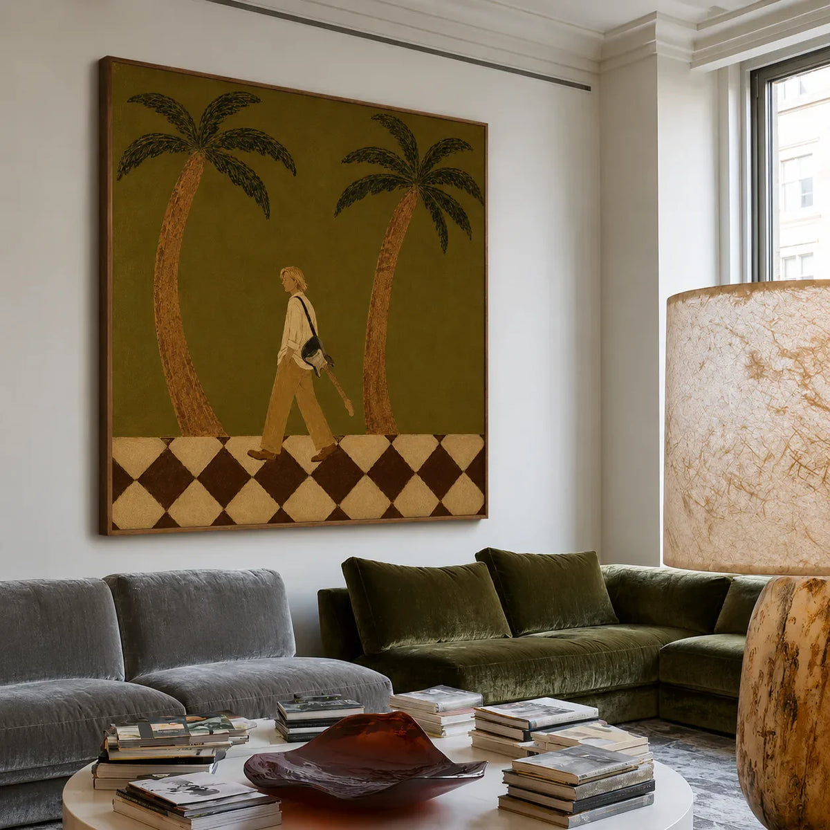 Guitar Stroll between Two Palm Trees Wall Art styled interior scene 2 | Olyrel