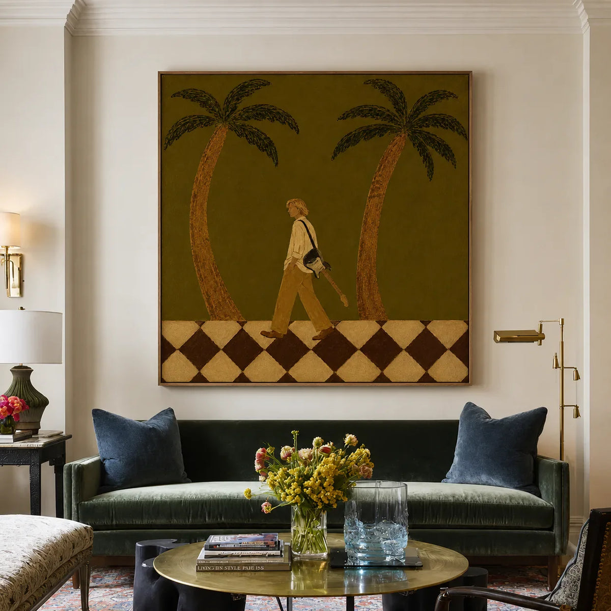 Guitar Stroll between Two Palm Trees Wall Art styled interior scene 3 | Olyrel