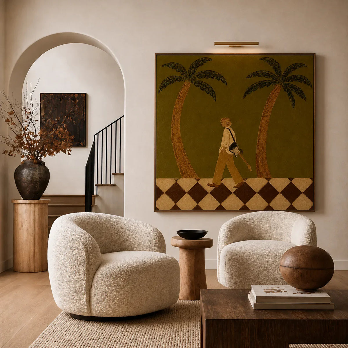 Guitar Stroll between Two Palm Trees Wall Art styled interior scene 4 | Olyrel