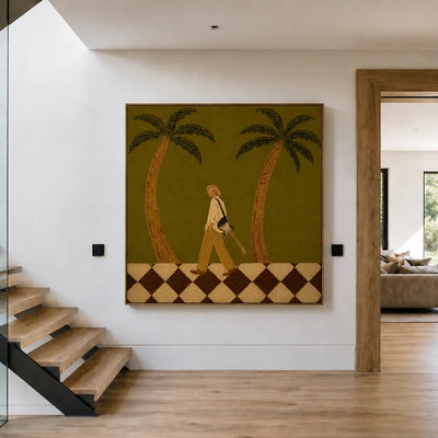 Guitar Stroll between Two Palm Trees Wall Art styled interior scene 5 | Olyrel