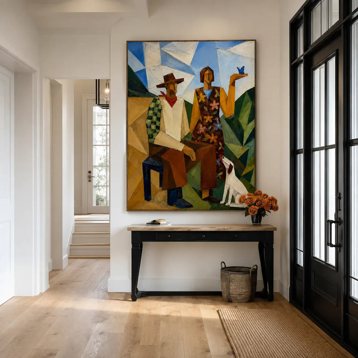 Geometric Pair with a White Dog and Blue Bird Wall Art styled interior scene 1 | Olyrel