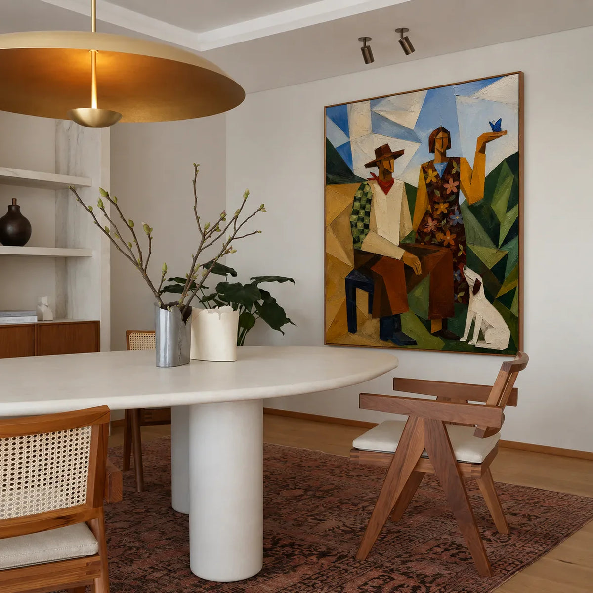 Geometric Pair with a White Dog and Blue Bird Wall Art styled interior scene 2 | Olyrel