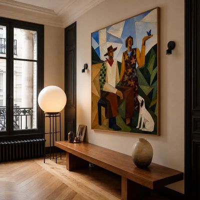 Geometric Pair with a White Dog and Blue Bird Wall Art styled interior scene 3 | Olyrel