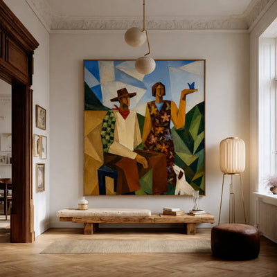 Geometric Pair with a White Dog and Blue Bird Wall Art styled interior scene 4 | Olyrel