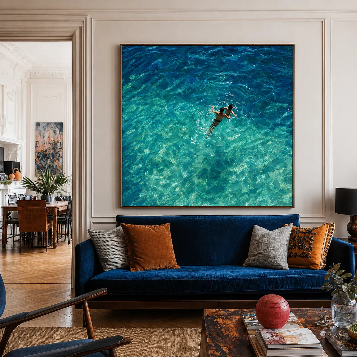 Two Swimmers in Sunlit Turquoise Water Wall Art styled interior scene 3 | Olyrel