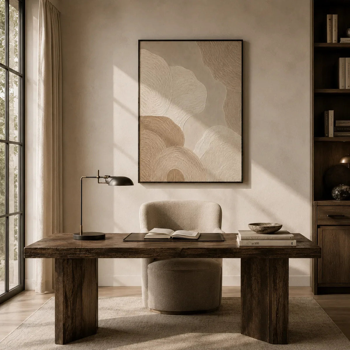 Sand Rings Textured Wall Art shown in a quiet home office | Olyrel
