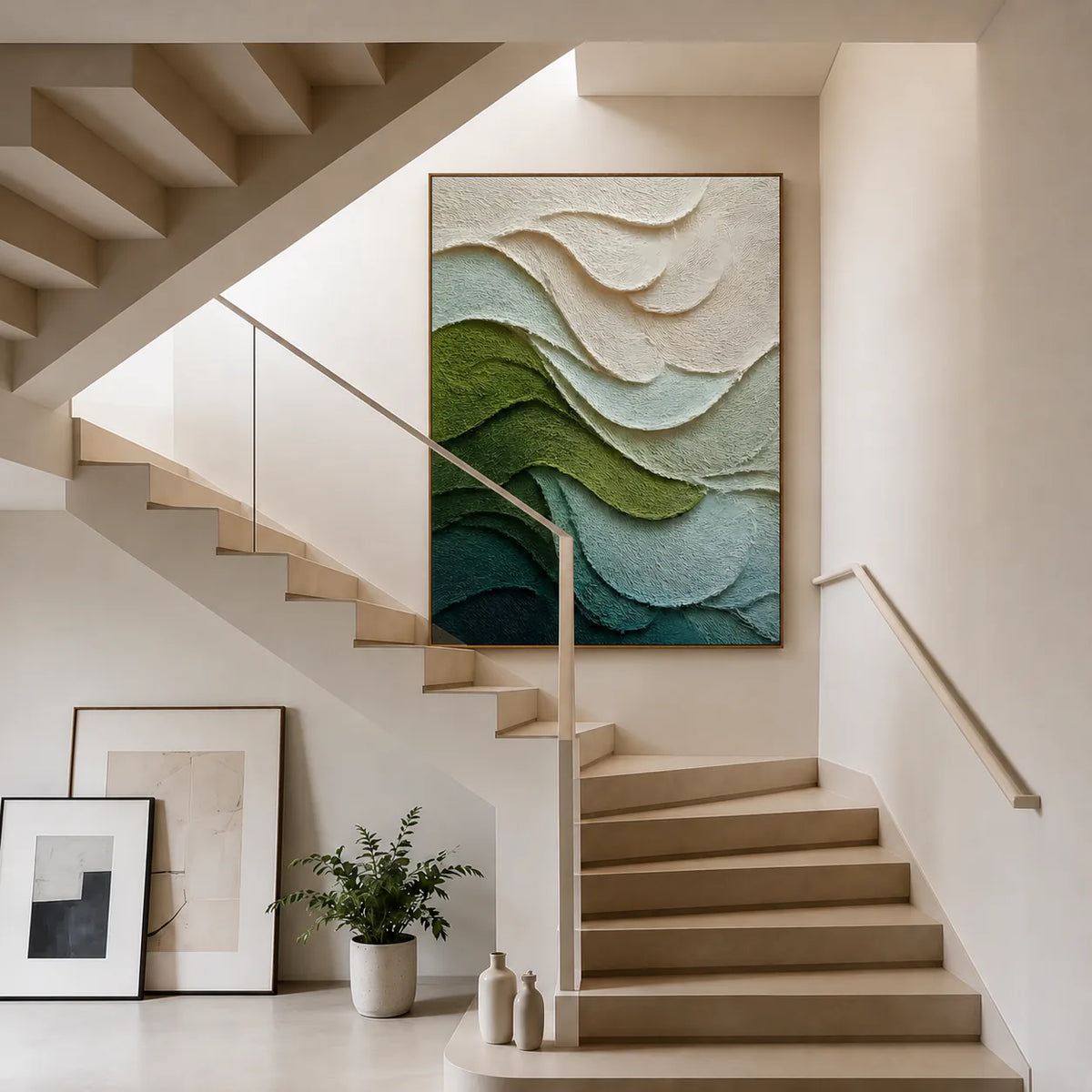 Layered Green and Ivory Waves Abstract Wall Art styled interior scene 2 | Olyrel