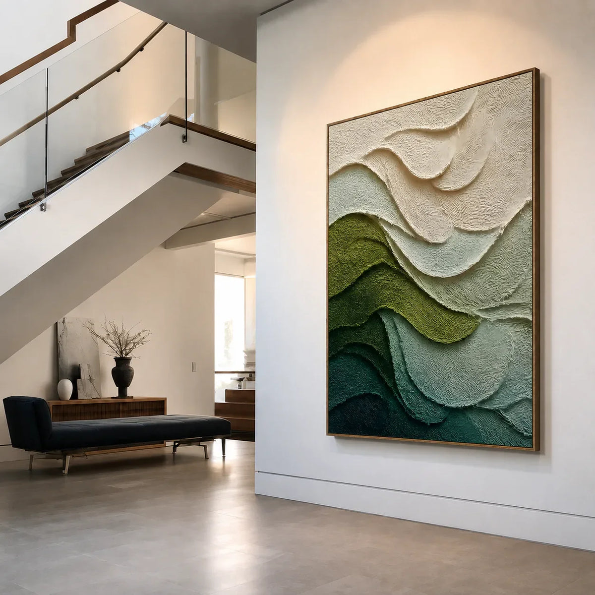 Layered Green and Ivory Waves Abstract Wall Art styled interior scene 3 | Olyrel