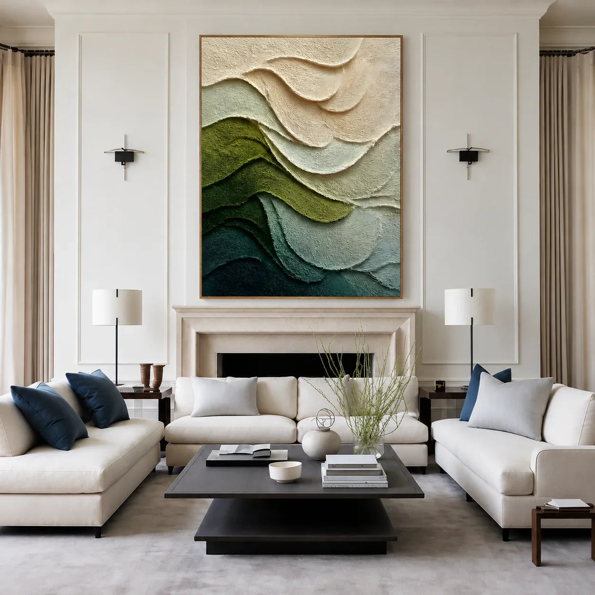 Layered Green and Ivory Waves Abstract Wall Art styled interior scene 4 | Olyrel