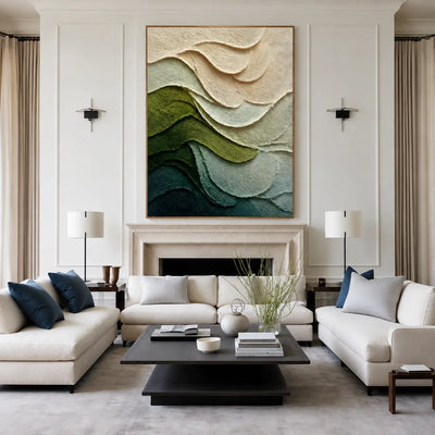 Layered Green and Ivory Waves Abstract Wall Art styled interior scene 4 | Olyrel