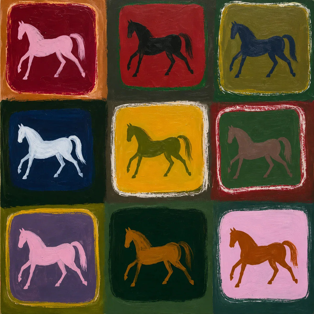Nine Colorful Horses in a Painted Grid Wall Art artwork view | Olyrel