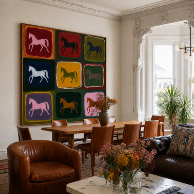 Nine Colorful Horses in a Painted Grid Wall Art styled interior scene 1 | Olyrel
