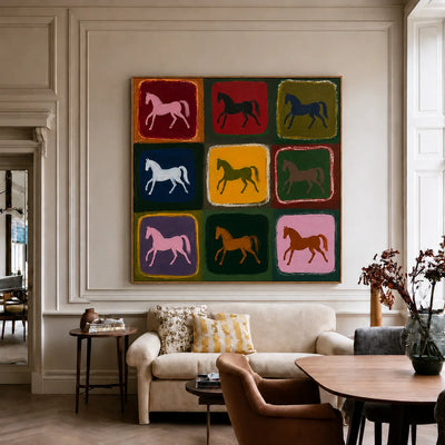 Nine Colorful Horses in a Painted Grid Wall Art styled interior scene 3 | Olyrel