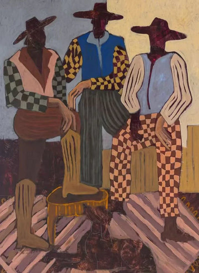 Patterned Trio with Rust Checkered Trousers Wall Art artwork view | Olyrel
