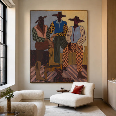 Patterned Trio with Rust Checkered Trousers Wall Art styled interior scene 1 | Olyrel
