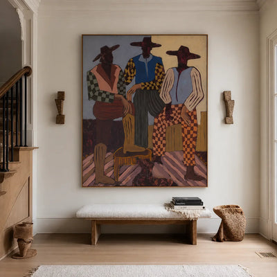 Patterned Trio with Rust Checkered Trousers Wall Art styled interior scene 2 | Olyrel