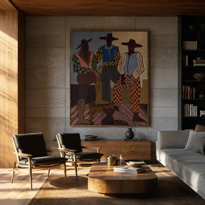 Patterned Trio with Rust Checkered Trousers Wall Art styled interior scene 3 | Olyrel