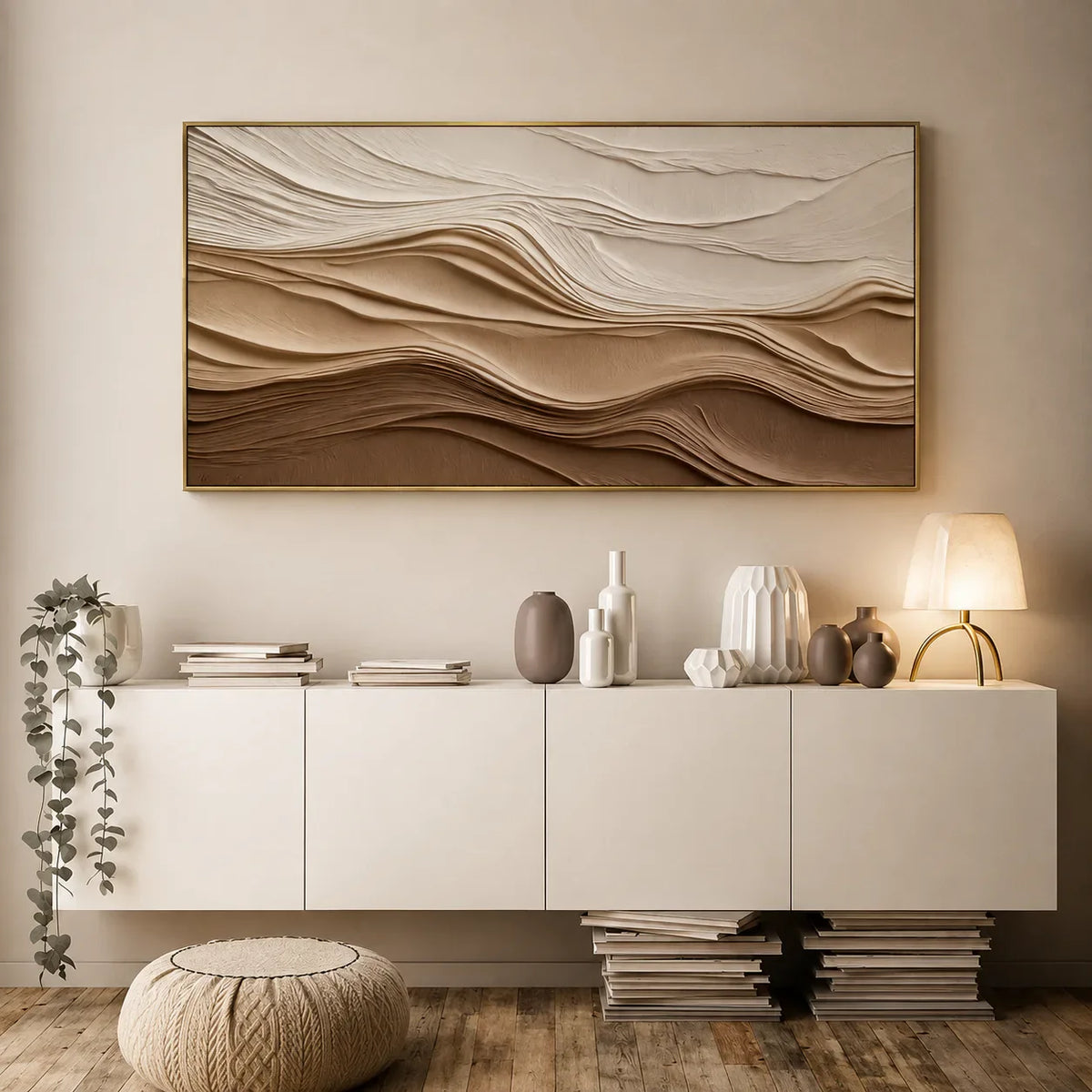 Ivory and Sand Dune Layers Panoramic Wall Art styled interior scene 1 | Olyrel